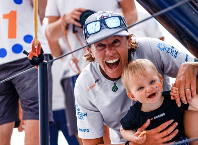 Francesca Clapcich celebrates the 11th Hour Racing Team win of The Ocean Race 2022-23, with her daughter, Harriet.