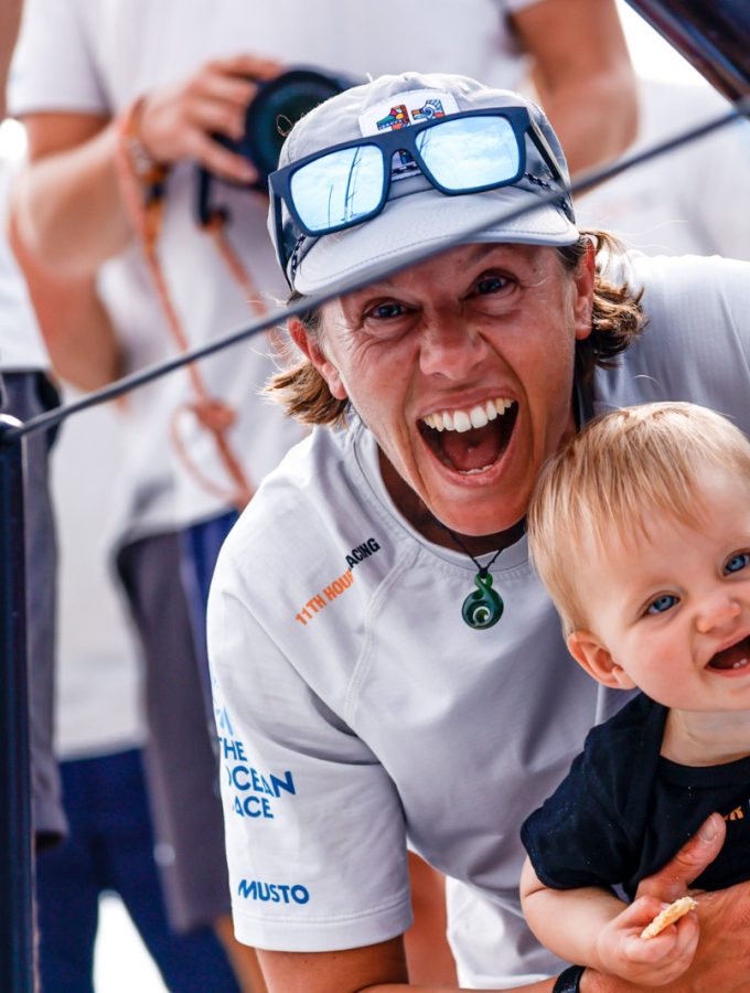 Francesca Clapcich celebrates the 11th Hour Racing Team win of The Ocean Race 2022-23, with her daughter, Harriet.